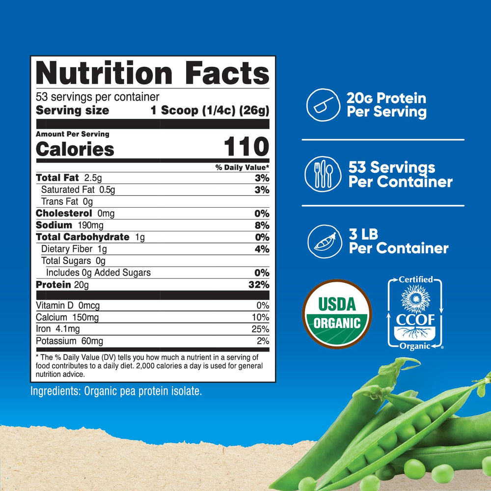 Nutricost Organic pea protein powder scoop shows 20 g protein per serving