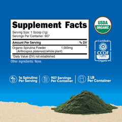 Nutricost spirulina powder with scoop showing vibrant greens for smoothies.