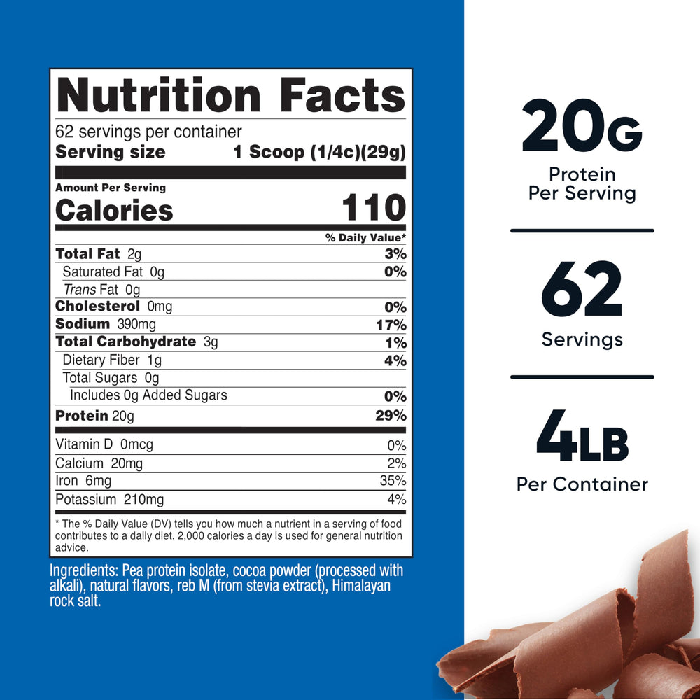 Nutricost pea protein powder chocolate ingredients panel, GMO-free and gluten-free formula.