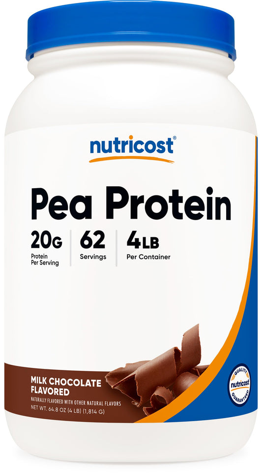 Nutricost pea protein powder chocolate jar front, a protein option for workouts.