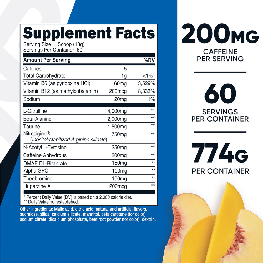 Nutricost Pre-Workout peach mango powder delivers flavorful energy for training.