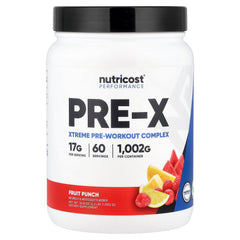Nutricost Pre-X Xtreme fruit-punch bottle label shows 15 g per serving.