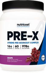 Nutricost Pre-X Xtreme grape bottle front, highlighting a ready-to-use pre-workout option.