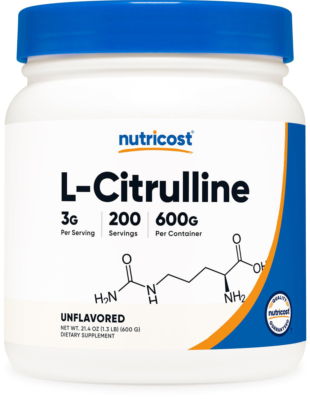 Nutricost Pure L-Citrulline Base powder jar labeled for daily use.