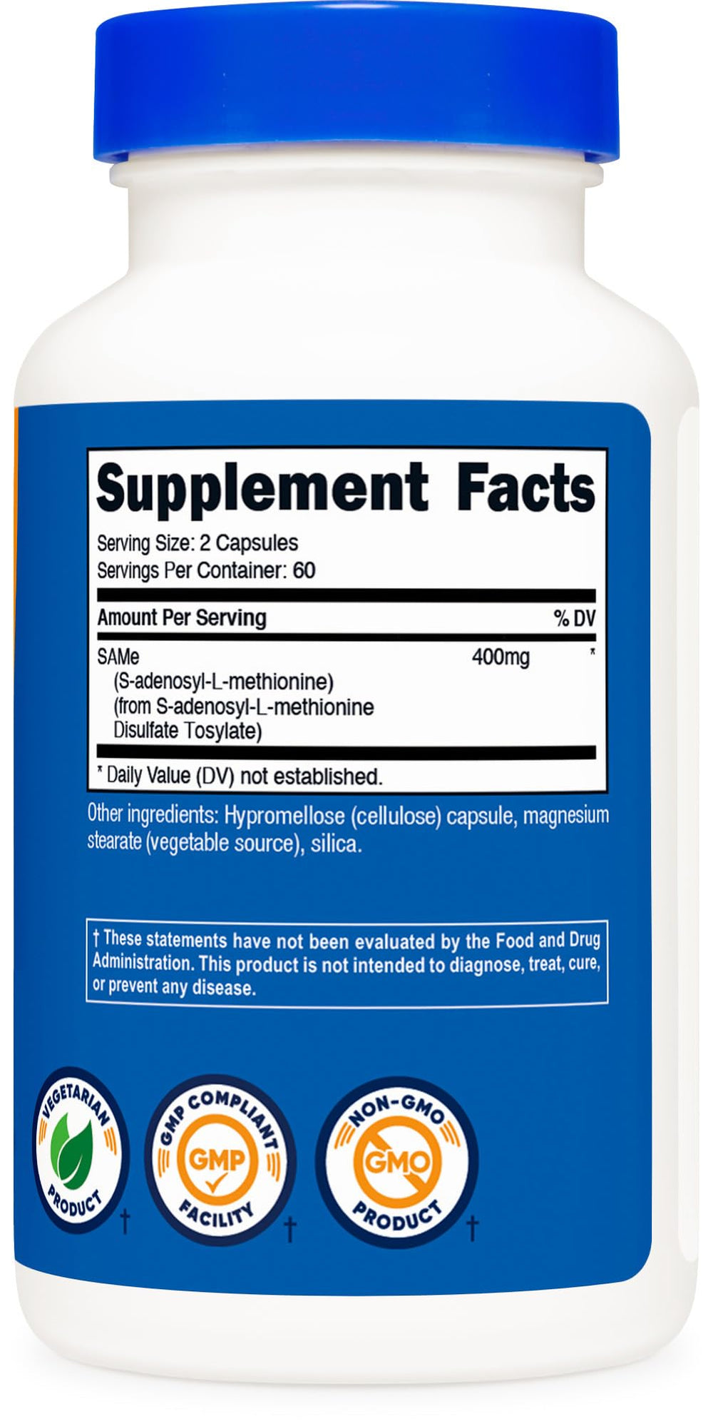 Nutricost SAM-e bottle side label accenting non-GMO and gluten-free ingredients