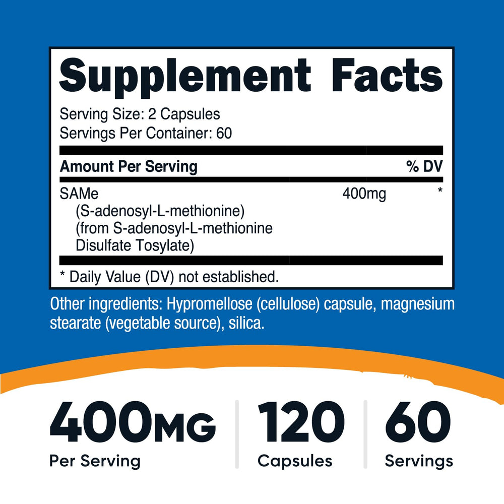 Nutricost SAM-e capsules closeup highlighting veggie capsules and 200 mg per capsule