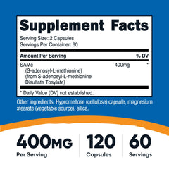Nutricost SAM-e capsules closeup highlighting veggie capsules and 200 mg per capsule