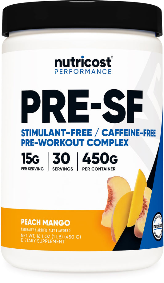 Nutricost Stim-Free Pre-Workout Peach Mango bottle on gym shelf, caffeine-free energy support