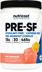 Nutricost Stim-Free Pre-Workout pink lemonade bottle for caffeine-free focus