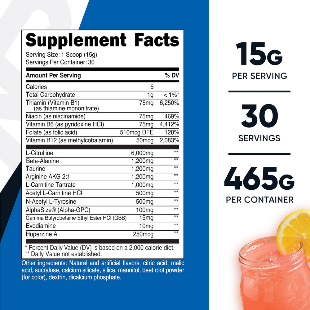 Nutricost Stim-Free Pre-Workout pink lemonade tub with 6,000 mg L-Citrulline