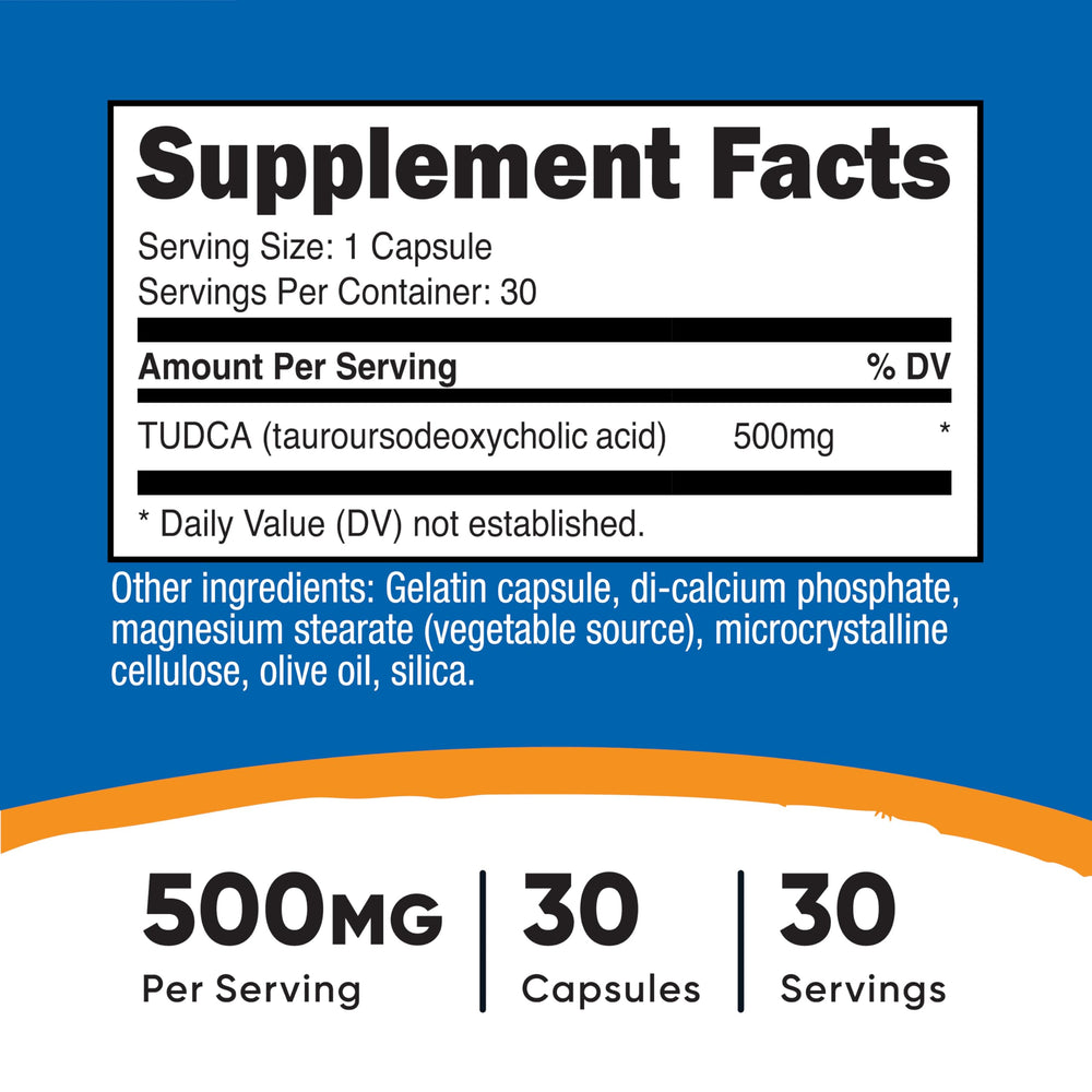 Nutricost Tudca capsules closeup emphasizing consistent 500mg dosage per capsule.