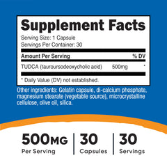 Nutricost Tudca capsules closeup emphasizing consistent 500mg dosage per capsule.