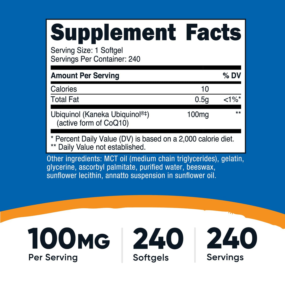 Nutricost ubiquinol softgels closeup highlighting glossy cap and 100 mg dosage