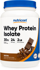 Nutricost Whey Protein Isolate Mocha bottle with scoop for post-workout recovery.