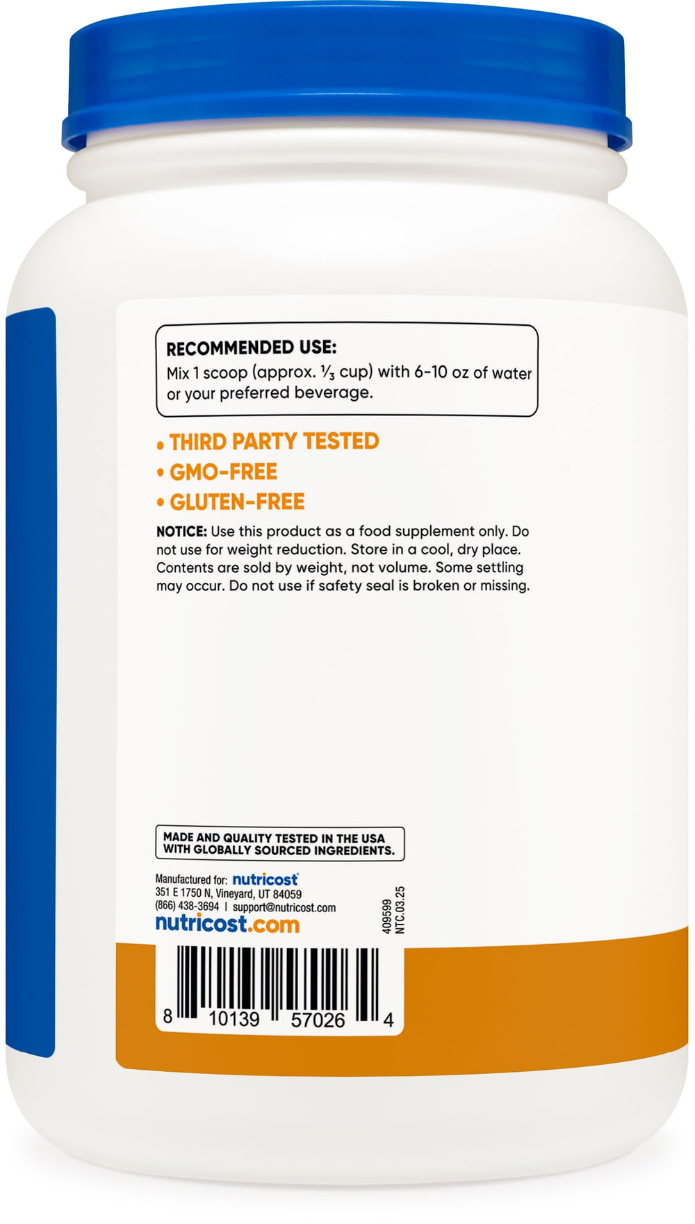 NSF certified GMP facility label on Nutricost packaging ensures quality.