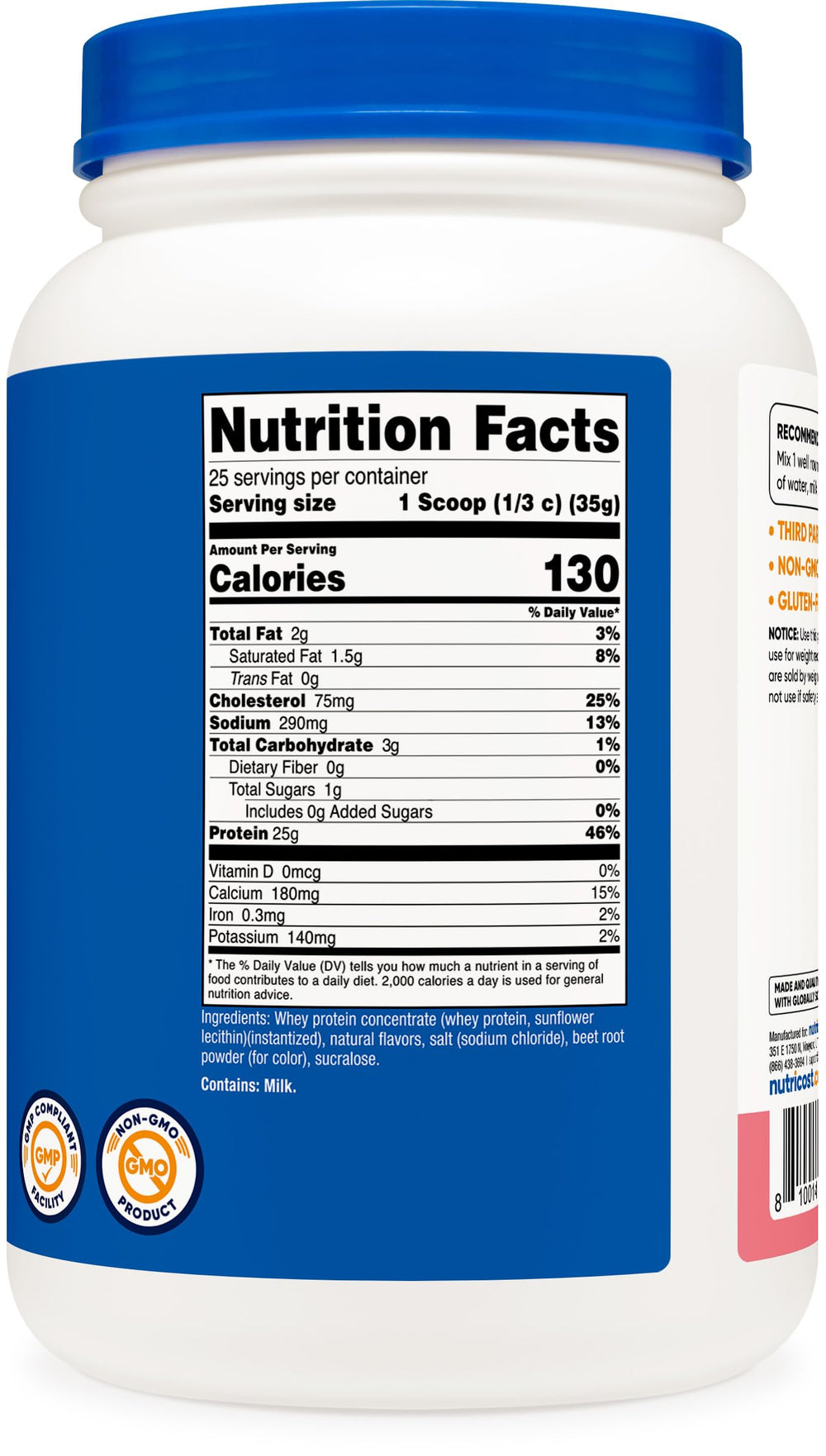 Nutricost packaging close-up highlighting third-party testing in GMP-FDA facility.