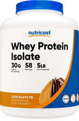 Nutricost Whey Protein Isolate bottle with Chocolate Peanut Butter flavor for post-workout nutrition.