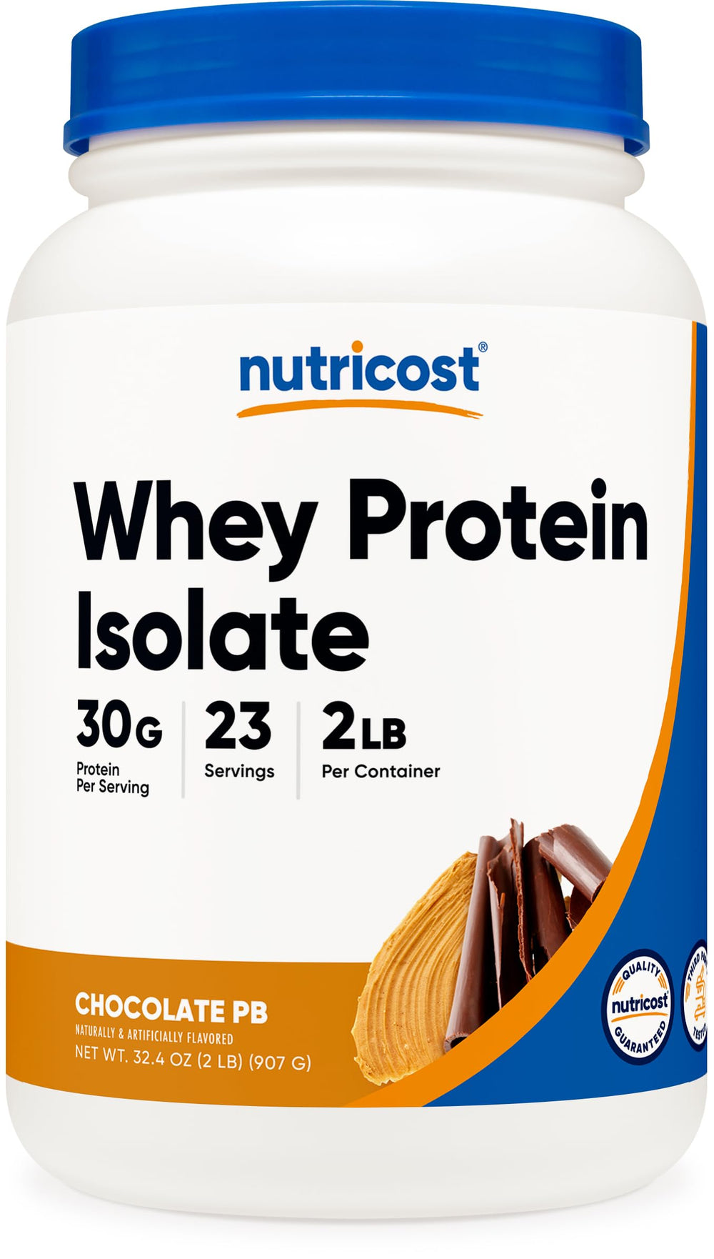 Nutricost Whey Protein Isolate Chocolate Peanut Butter jar shows premium protein for shakes.