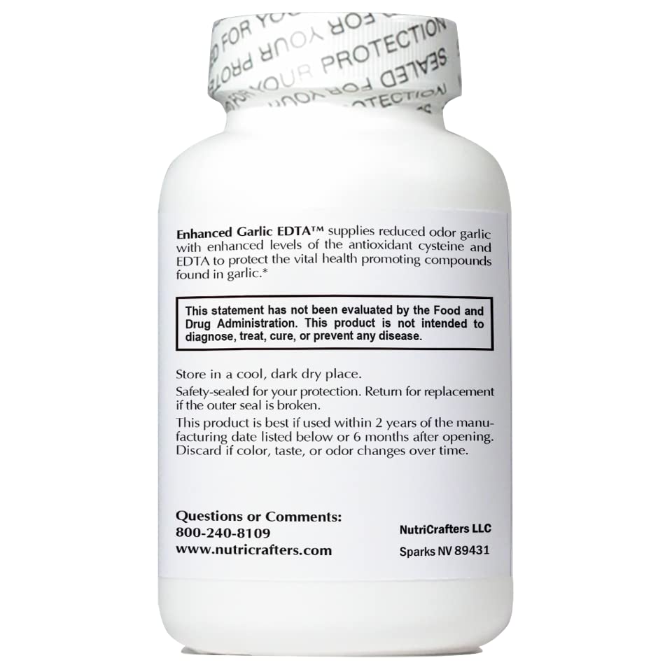 NutriCrafters Enhanced Garlic EDTA capsules close-up reveals vegetarian capsules and a pure formula