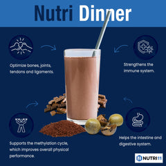 NutriDinner night-time shake in glass conveys creamy evening ritual