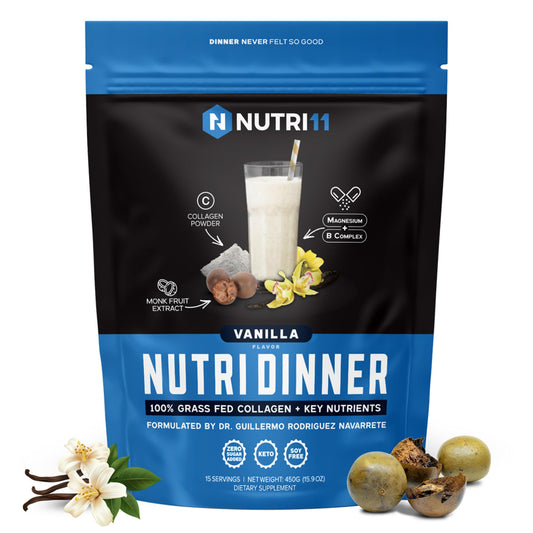 NutriDinner vanilla canister by Nutrillermo for an evening collagen routine.