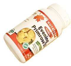 Nutridom Evening Primrose Oil bottle with glass for easy intake.