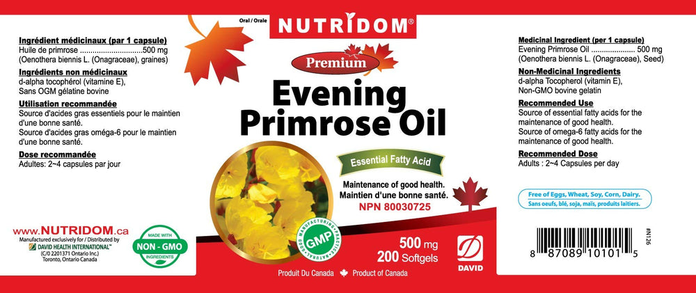 Nutridom Evening Primrose Oil label closeup showing ingredients and NPN.