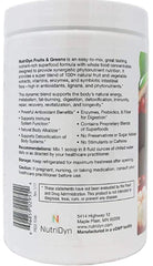 Nutri-Dyn Fruits and Greens shake glass shows a vibrant, immune-supporting greens boost.