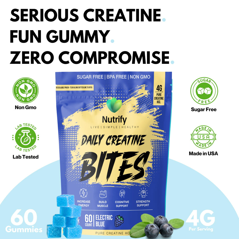 Nutrify Daily Creatine Gummies label close-up highlights 5g creatine monohydrate per serving