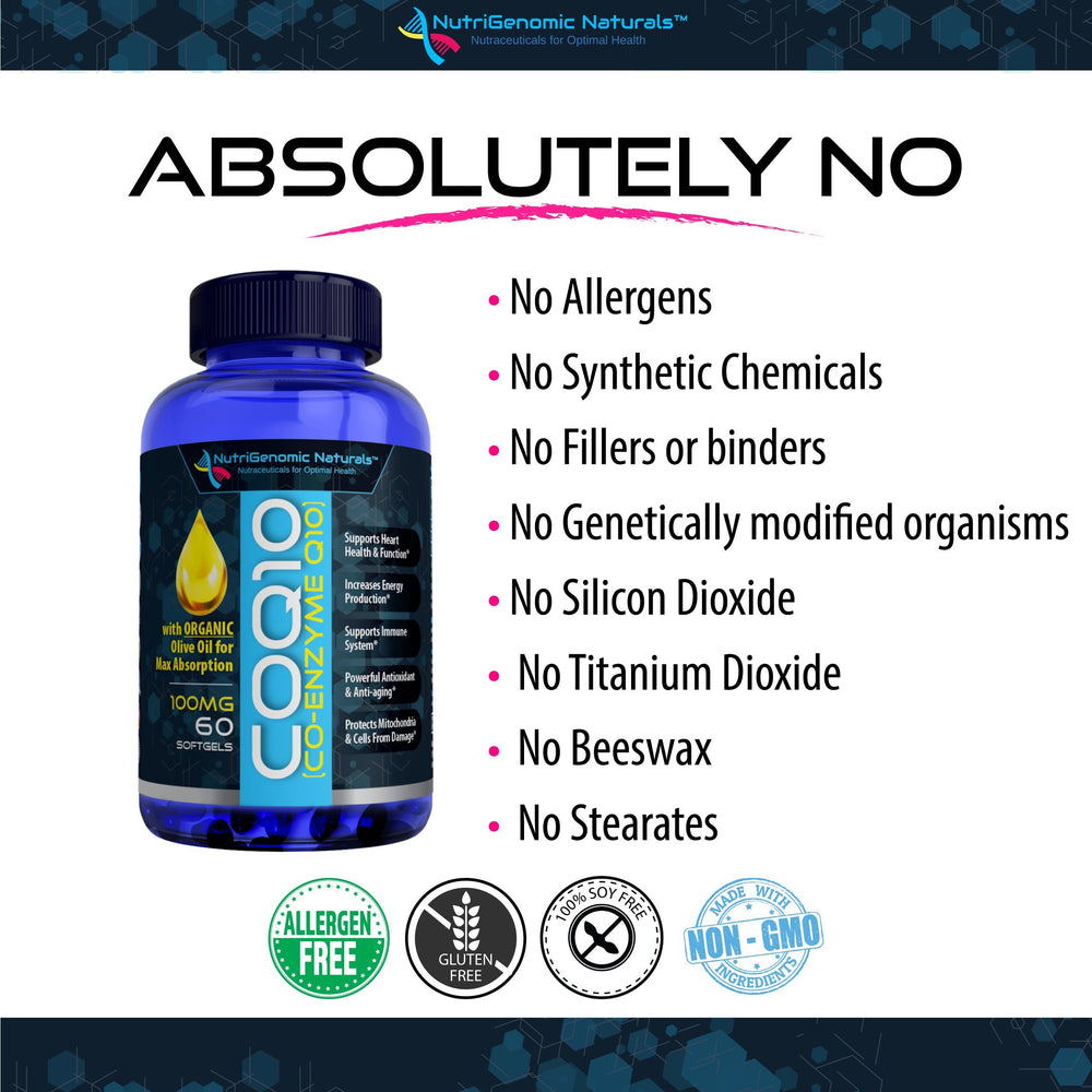 NutriGenomic Naturals CoQ10 softgels energizing production focus for cellular vitality