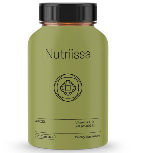 Nutriissa ADK 20 bottle front with vegan capsules for immune and bone support