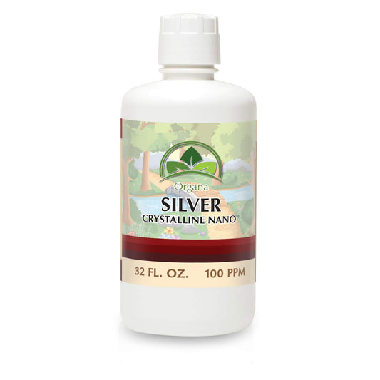 NutriNoche Organa Crystalline Silver bottle showing purity and nano silver particles for easy absorption.