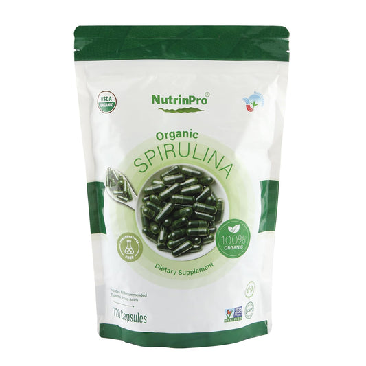 NUTRINPRO spirulina capsules bottle closeup for daily nutrition