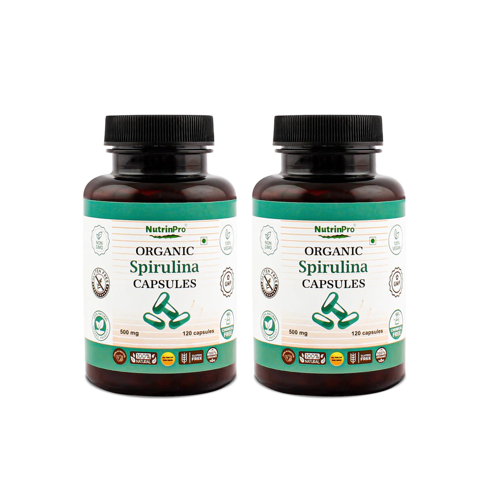 NUTRINPRO Spirulina capsules bottle for convenient daily vegan nutrition.