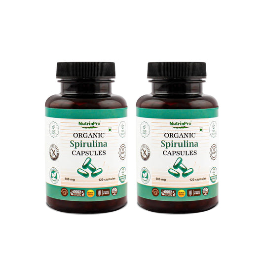 NUTRINPRO Spirulina capsules bottle for convenient daily vegan nutrition.