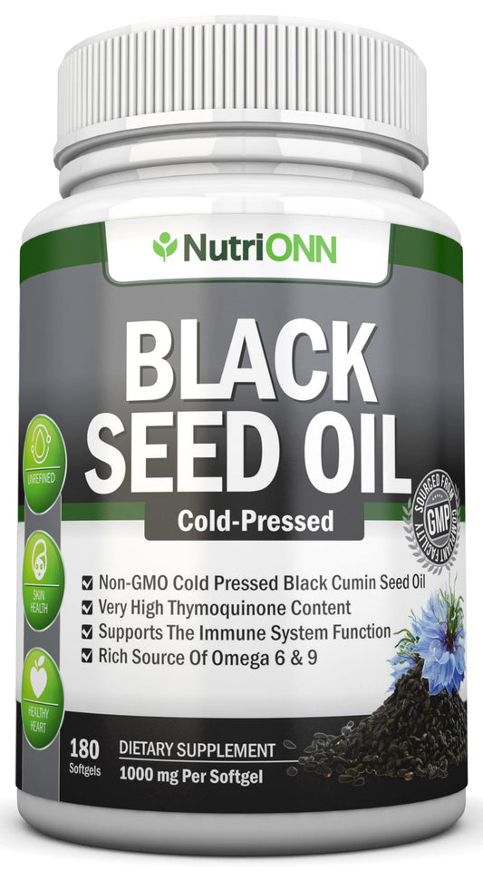 NutriONN Black Seed Oil bottle promotes immune support with thymoquinone