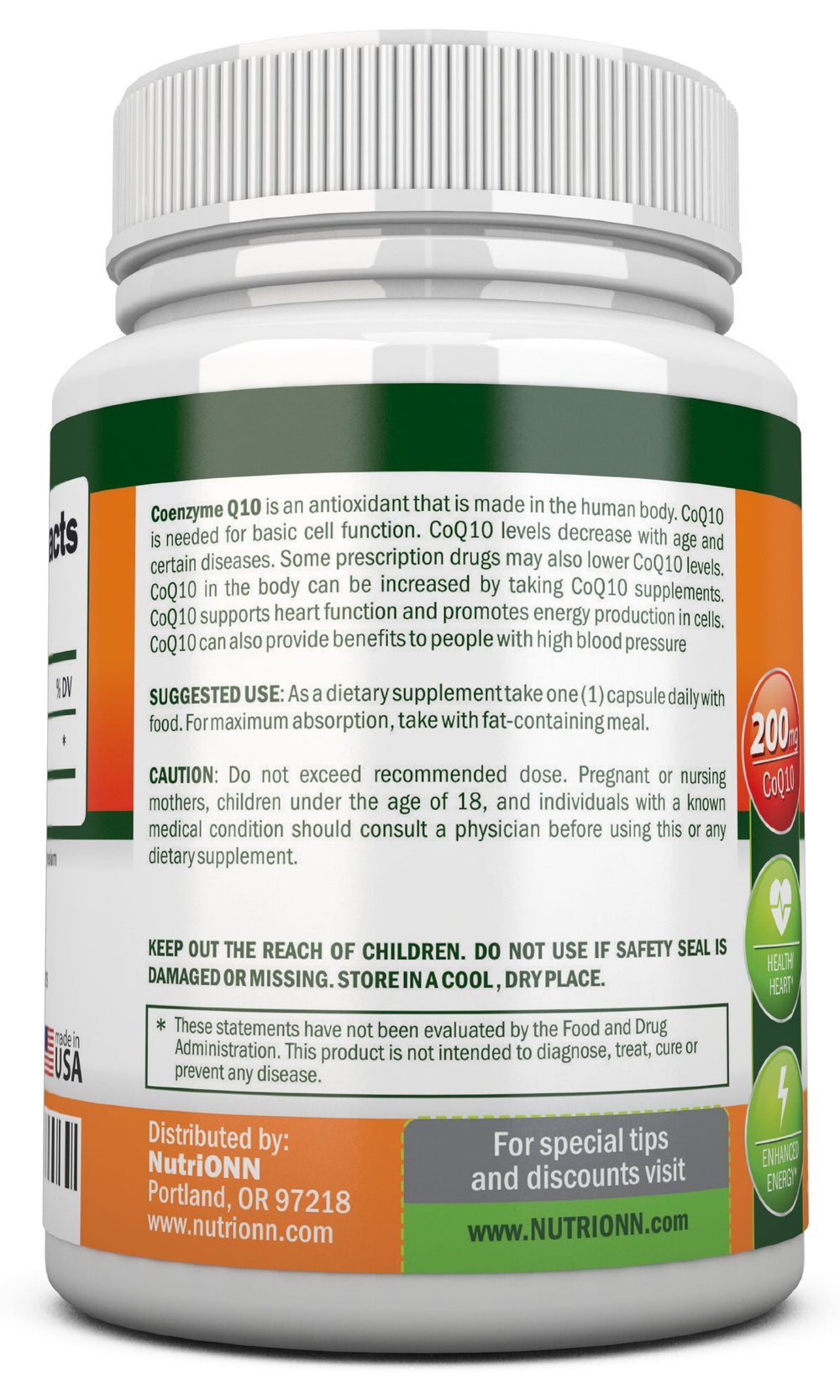 NutriONN CoQ10 bottle back label close-up showing purity and quality