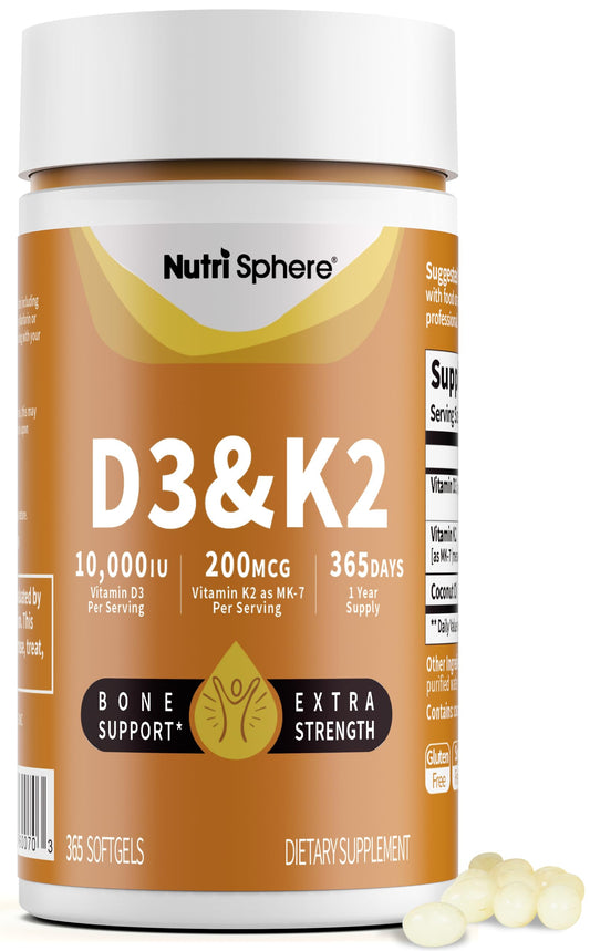 NutriSphere Vitamin D3 & K2 bottle front signaling daily calcium support.