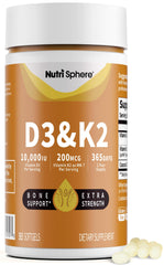 NutriSphere Vitamin D3 & K2 bottle front signaling daily calcium support.