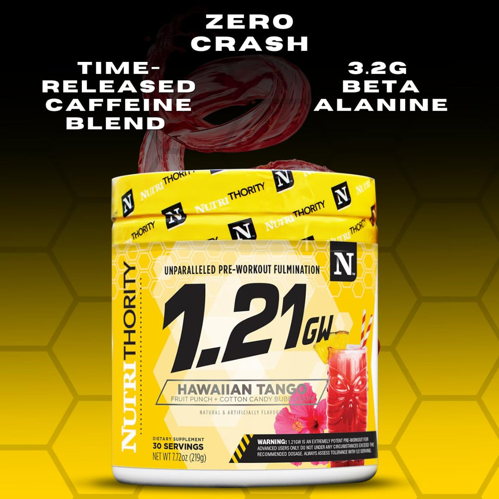 Nutrithority 1.21GW canister label highlights a premium, high-stimulant blend.