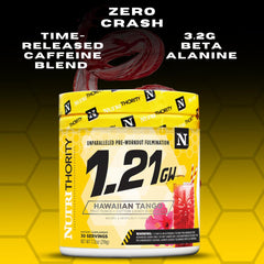 Nutrithority 1.21GW canister label highlights a premium, high-stimulant blend.
