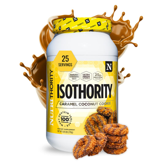 Nutrithority Isothority bottle label Caramel Coconut Cookie for convenient post workout protein