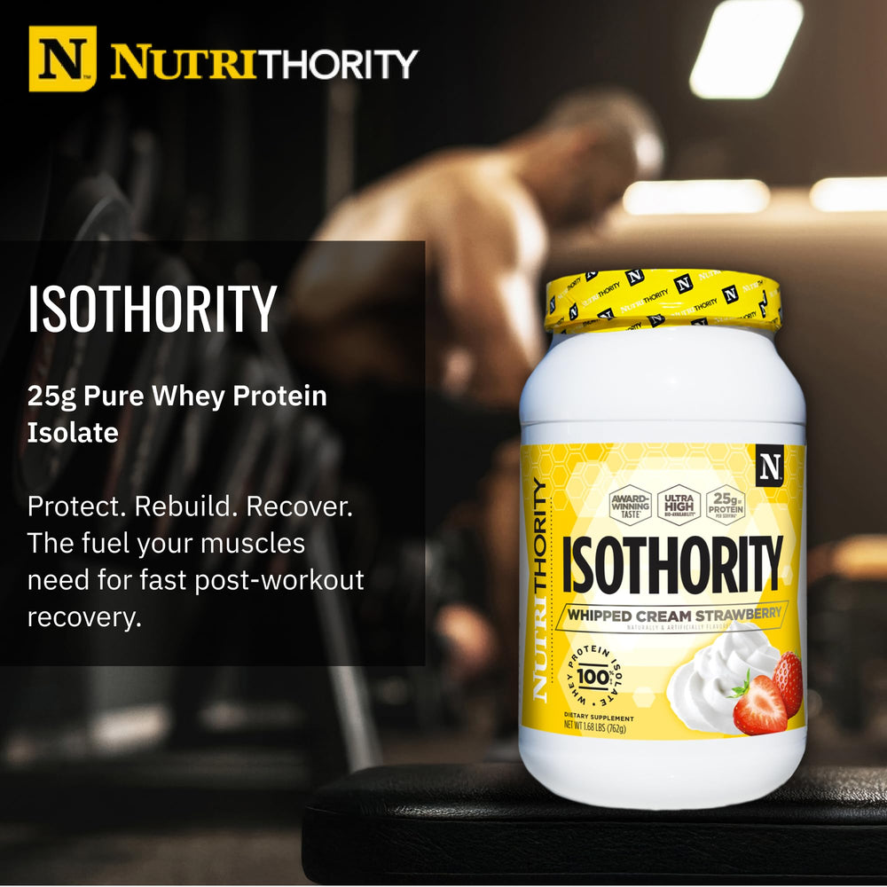 Nutrithority Isothority whey protein scoop presenting convenient 26g serving for daily protein goals.