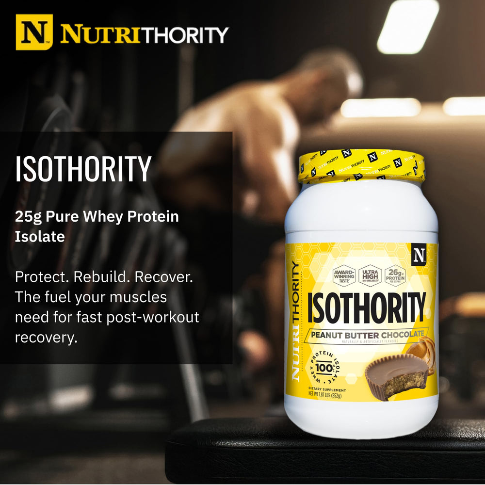 Nutrithority Isothority whey protein pour illustrating convenient post-workout shake