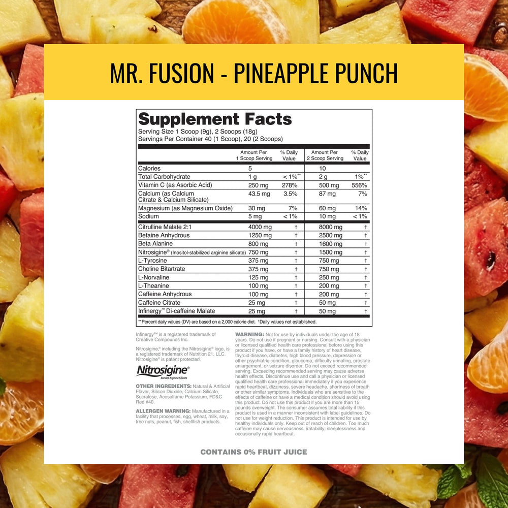 Packaging display highlighting 40 servings and no creatine in Mr. Fusion.