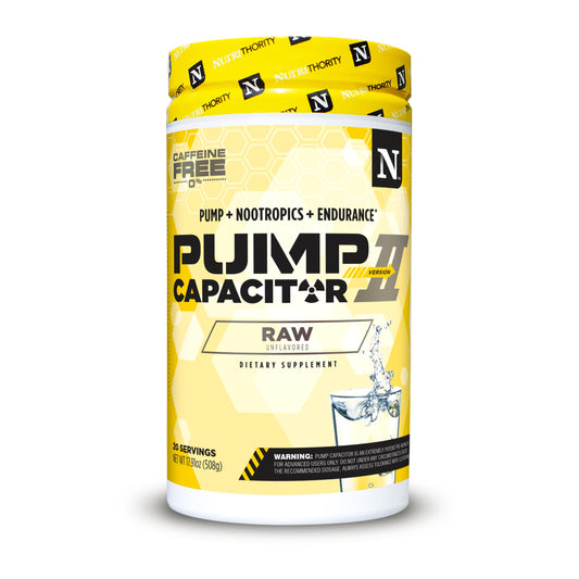 Nutrithority Pump Capacitor bottle pour shows caffeine-free pre workout for clean pumps