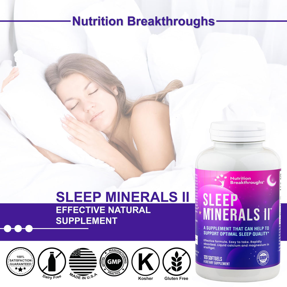 Nutrition Breakthroughs Sleep Minerals II dosing scene with two softgels and glass of water.