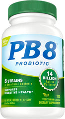 Nutrition Now PB8 probiotic bottle with capsules for daily digestive balance and vegetarian convenience.