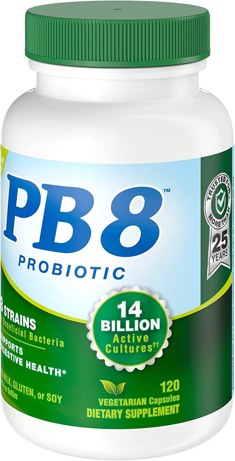 Nutrition Now PB8 front label displays vegetarian probiotic blend for easy daily use.