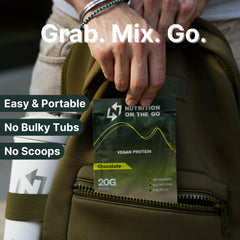 Travel-friendly protein packets displayed in a gym bag
